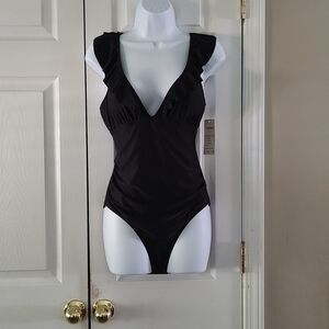 Women's V Neck One Piece Swimsuit Ruffled Lace Up Monokini  Sz L NWT